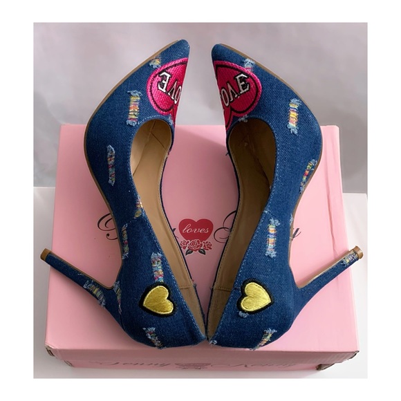 EUC Penny Loves ❤️Kenny Blue Denim Multi Patches designs Heels-Size 7 - Picture 6 of 9